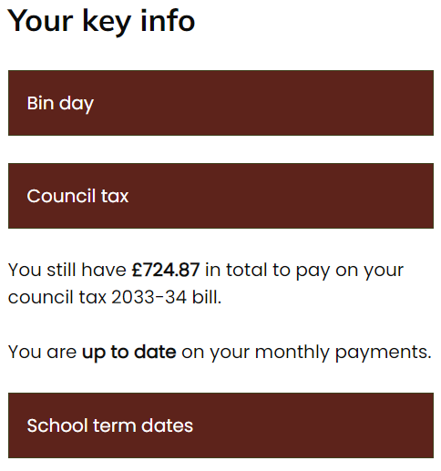 You still have £724.87 in total to pay on your council tax 2033-34 bill. You are up to date on your monthly payments.