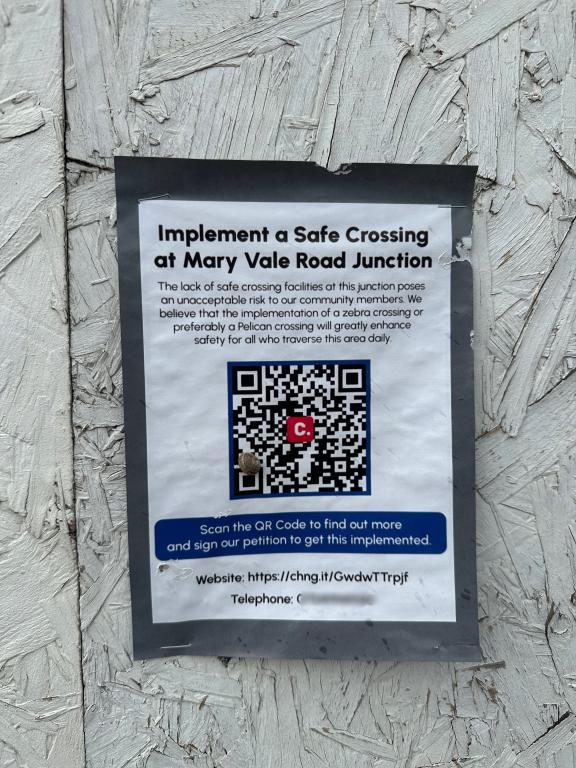 Poster for a petition to add a safe crossing point on Mary Vale Road