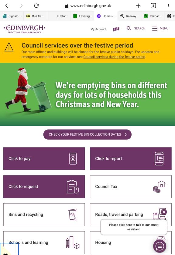 Council website home page with a big banner about Christmas bin day changes