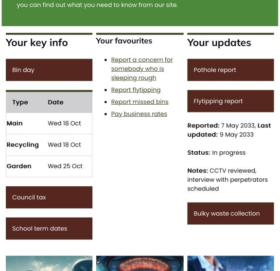 Key information, favourites, and recent updates section of the BigTown Council website