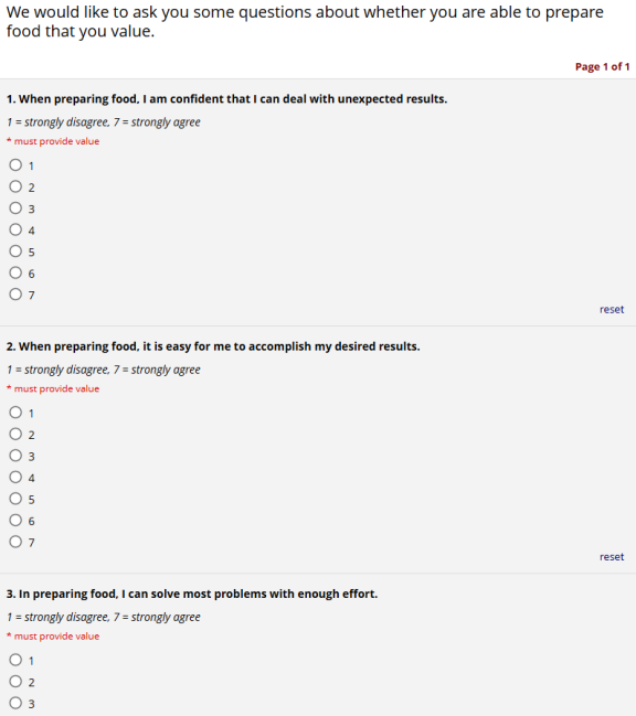An online survey in which the user is expected to rate their agreement with the statement ranging from 1 being strongly disagree to 7 being strongly agree