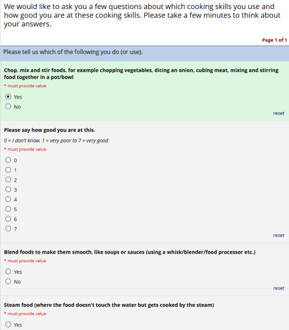 An online survey in which the user is expected to rate their skills from 0 being don't know, 1 being very poor to 7 being very good