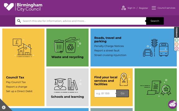 Birmingham website home page on a landscape device