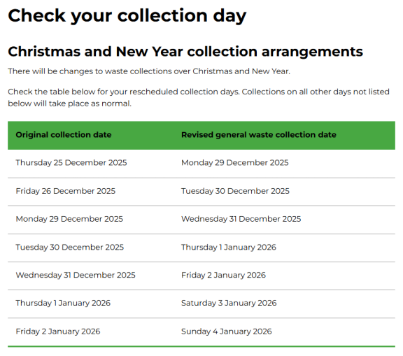 List of Christmas and New Year bin collections showing usual date vs changed date