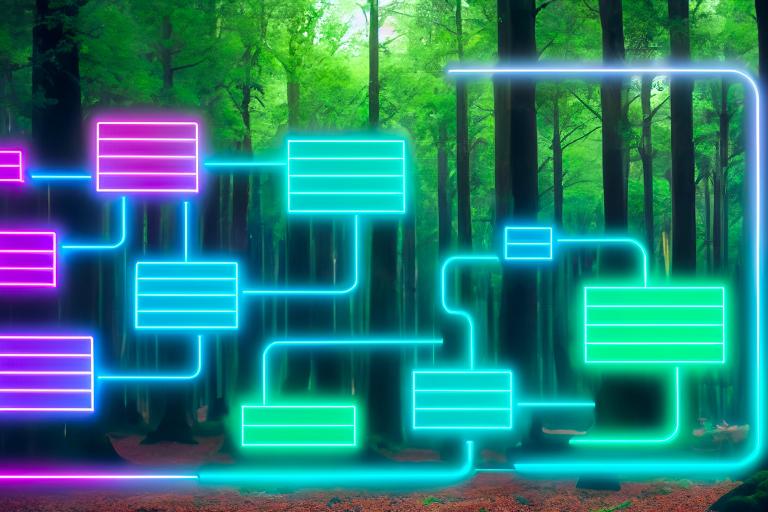 A neon flowchart, floating in a forest