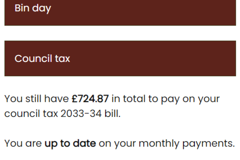 You still have £724.87 in total to pay on your council tax 2033-34 bill. You are up to date on your monthly payments.