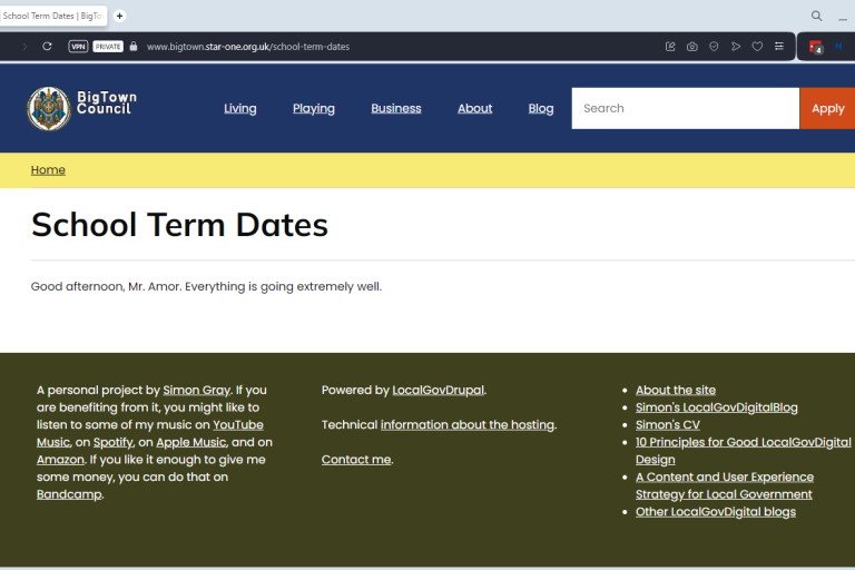 The new school term dates module running on the website, not as yet showing any actual term dates of schools