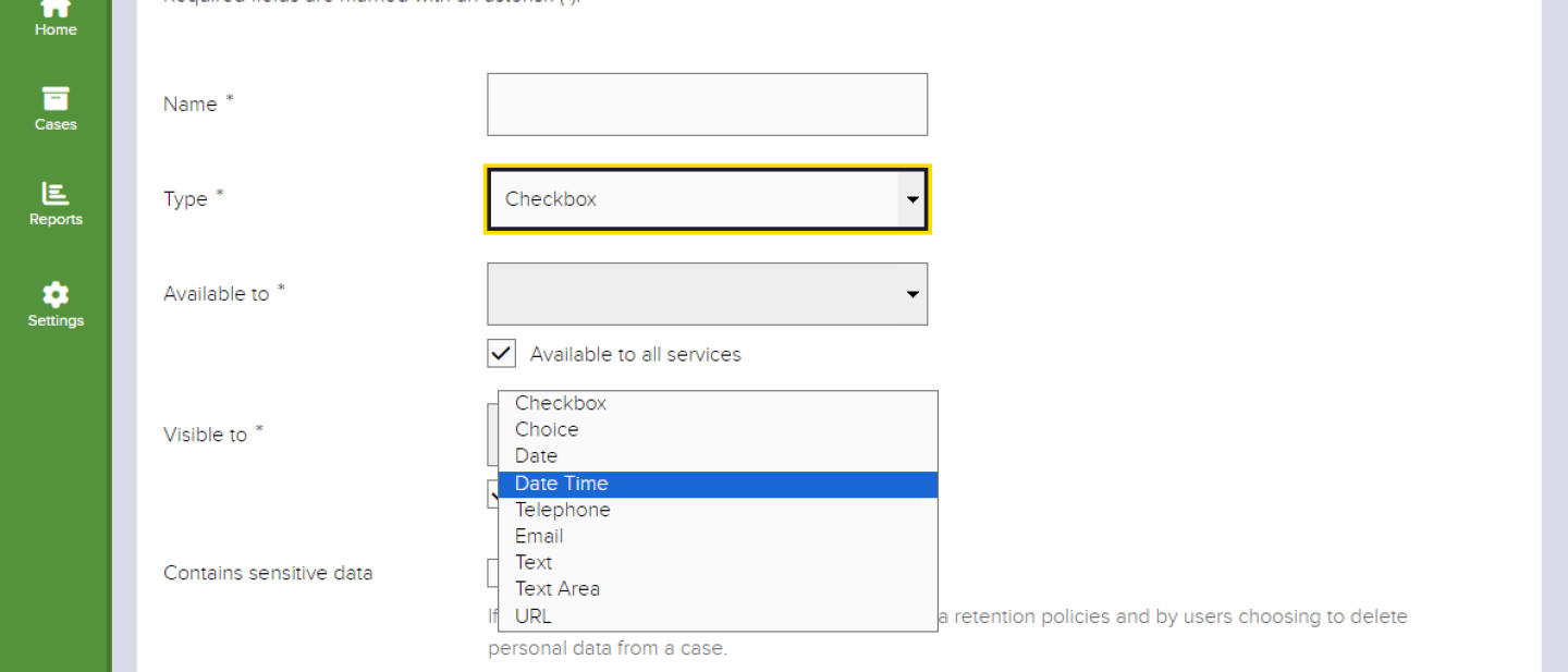 Screenshot of Connect field creation page