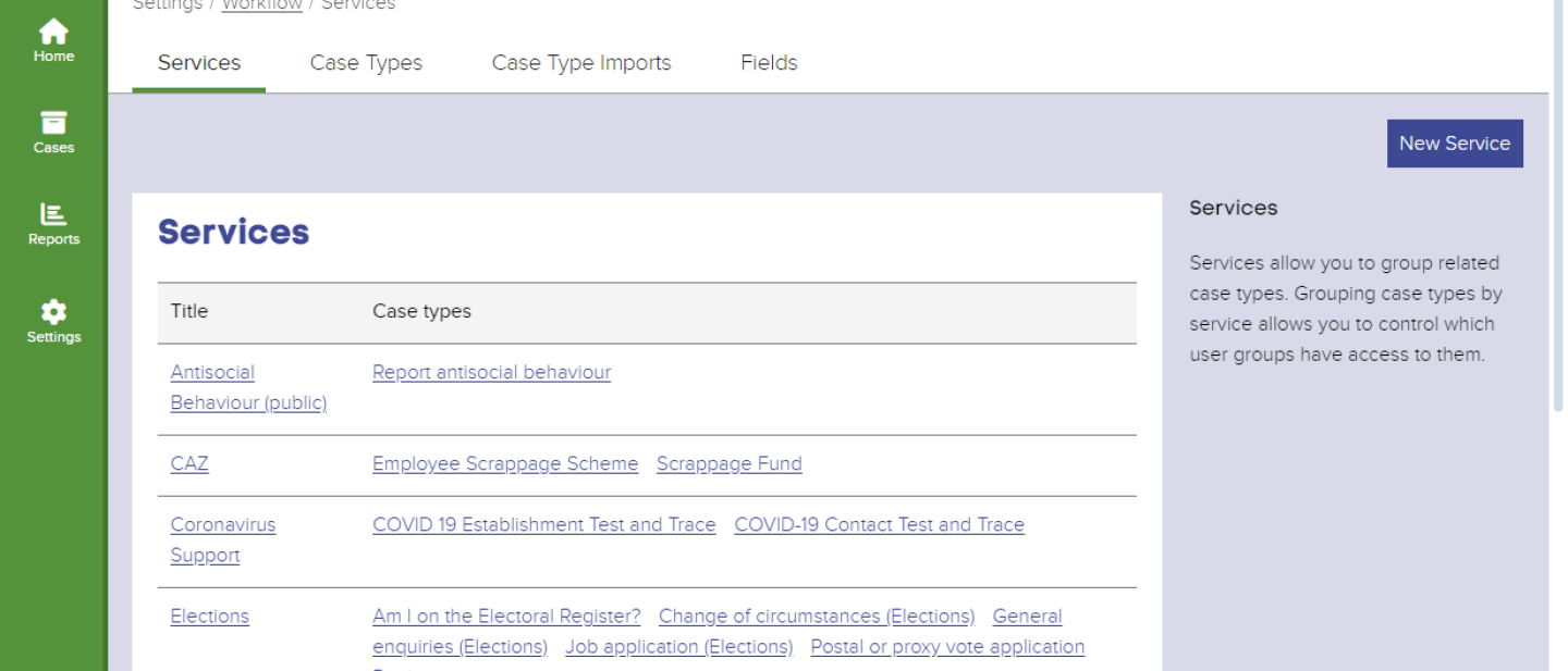 Screenshot of Connect Services page, showing Case Types grouped into their respective Services