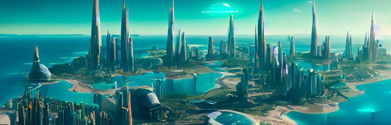 A futuristic coastal city skyline