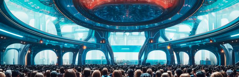 A concert hall with a large audience inside